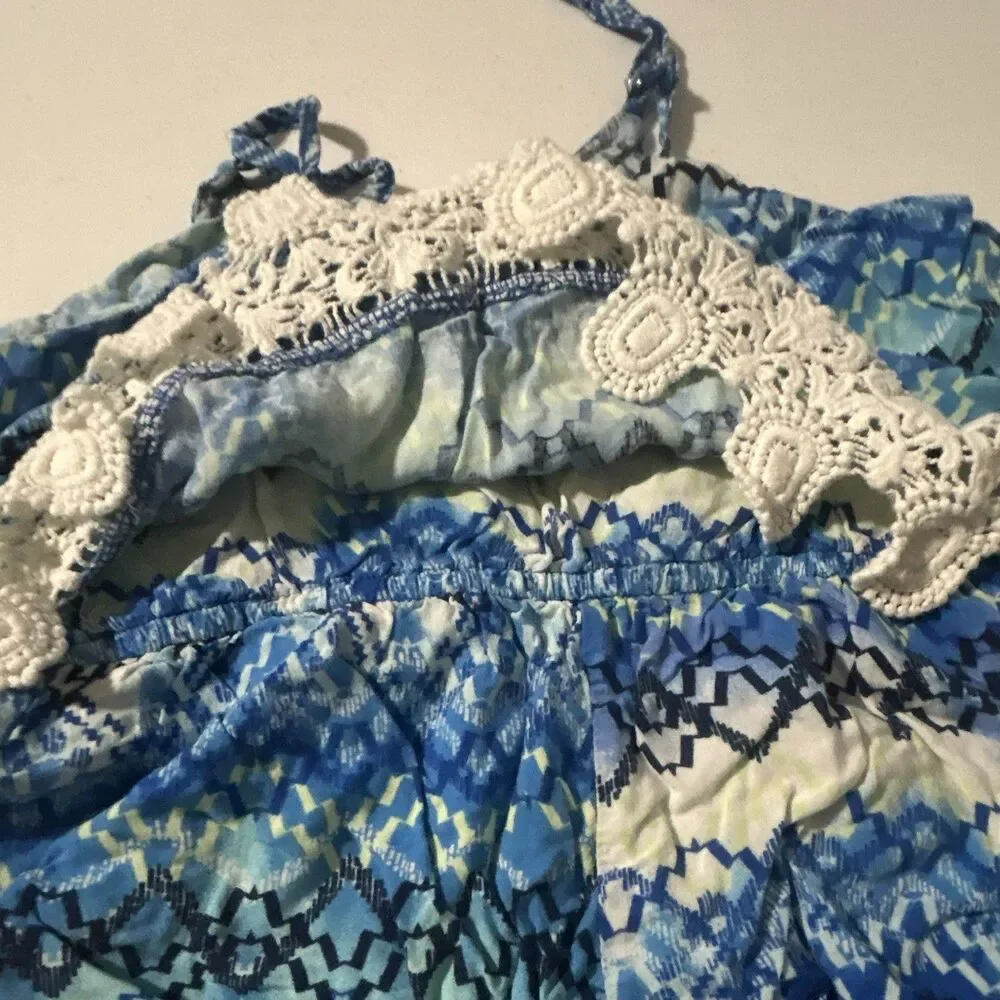 BEAU TEES Girls Size 12 Blue Geometric Sleeveless Romper w/ Lace Trim